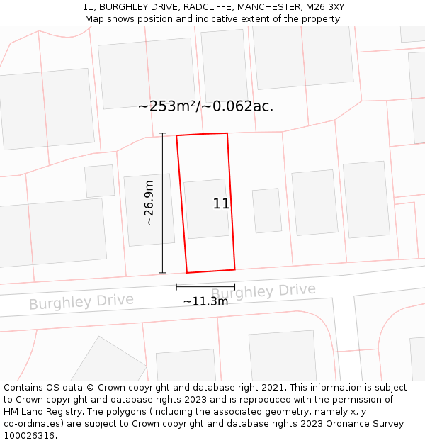11, BURGHLEY DRIVE, RADCLIFFE, MANCHESTER, M26 3XY: Plot and title map