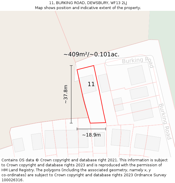 11, BURKING ROAD, DEWSBURY, WF13 2LJ: Plot and title map