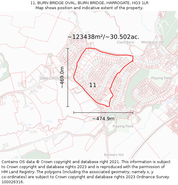11, BURN BRIDGE OVAL, BURN BRIDGE, HARROGATE, HG3 1LR: Plot and title map
