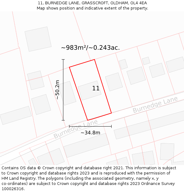 11, BURNEDGE LANE, GRASSCROFT, OLDHAM, OL4 4EA: Plot and title map