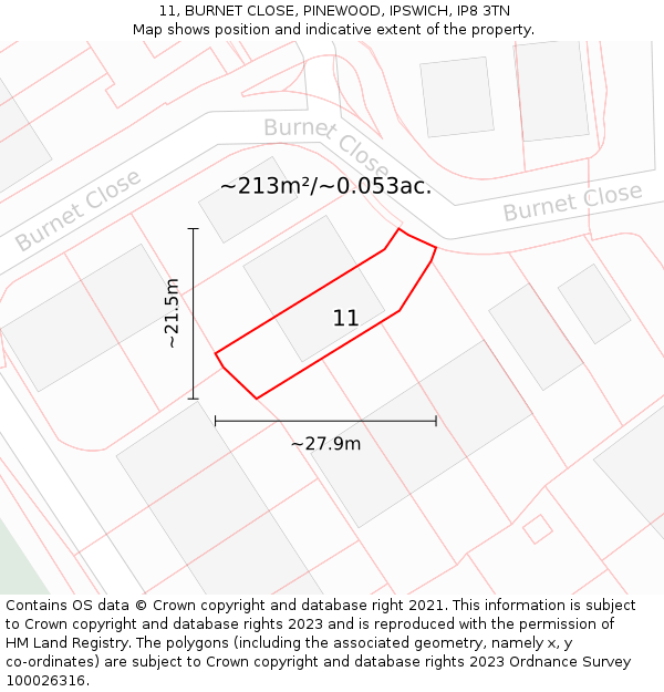 11, BURNET CLOSE, PINEWOOD, IPSWICH, IP8 3TN: Plot and title map