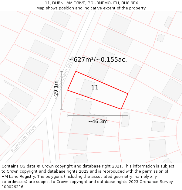 11, BURNHAM DRIVE, BOURNEMOUTH, BH8 9EX: Plot and title map