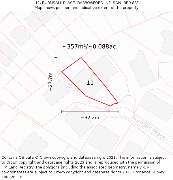 11, BURNSALL PLACE, BARROWFORD, NELSON, BB9 8RF: Plot and title map