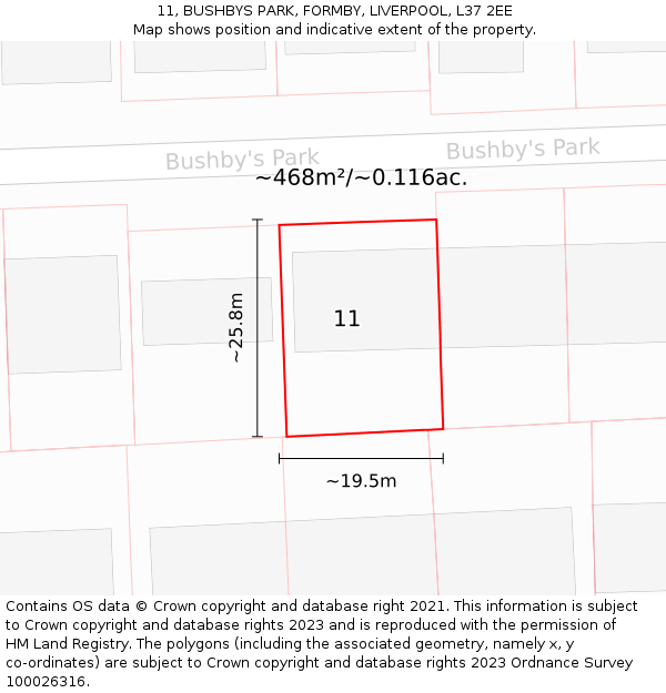 11, BUSHBYS PARK, FORMBY, LIVERPOOL, L37 2EE: Plot and title map