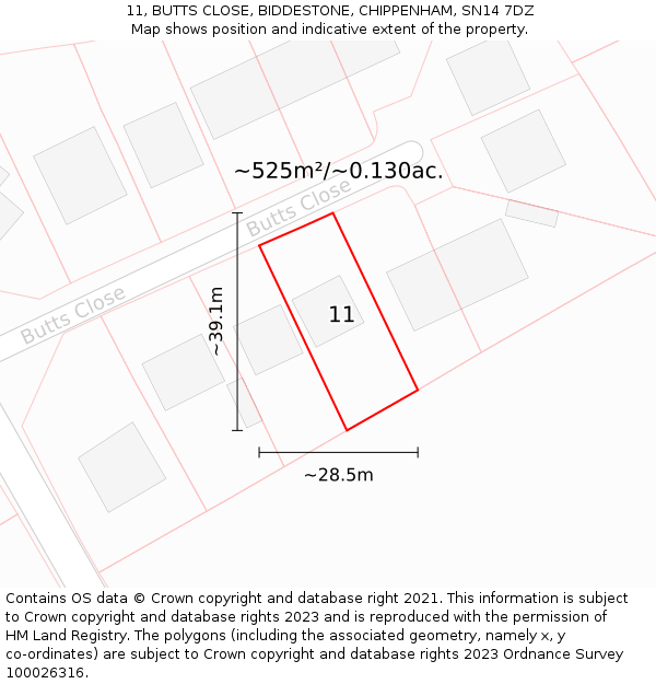 11, BUTTS CLOSE, BIDDESTONE, CHIPPENHAM, SN14 7DZ: Plot and title map