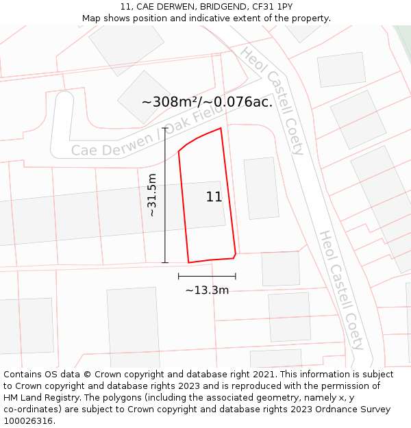 11, CAE DERWEN, BRIDGEND, CF31 1PY: Plot and title map