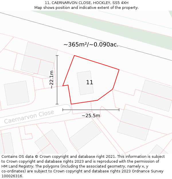 11, CAERNARVON CLOSE, HOCKLEY, SS5 4XH: Plot and title map