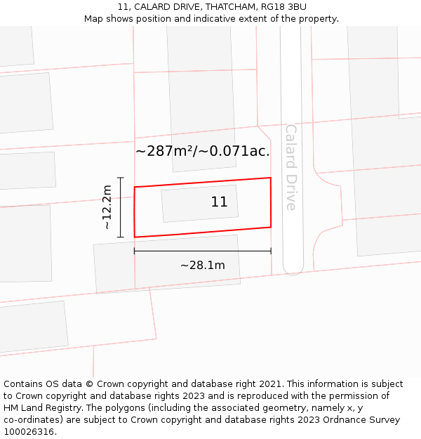 11, CALARD DRIVE, THATCHAM, RG18 3BU: Plot and title map