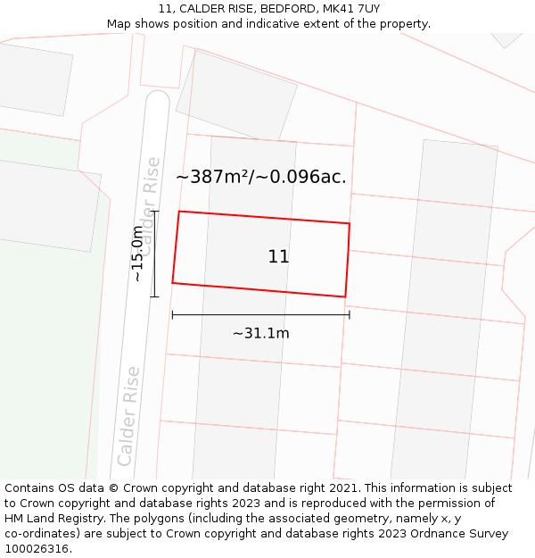 11, CALDER RISE, BEDFORD, MK41 7UY: Plot and title map