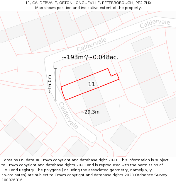 11, CALDERVALE, ORTON LONGUEVILLE, PETERBOROUGH, PE2 7HX: Plot and title map