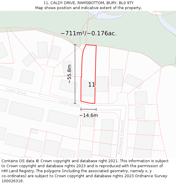 11, CALDY DRIVE, RAMSBOTTOM, BURY, BL0 9TY: Plot and title map