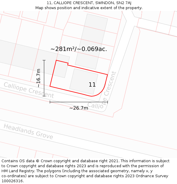 11, CALLIOPE CRESCENT, SWINDON, SN2 7AJ: Plot and title map