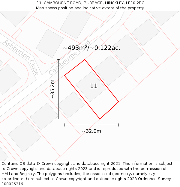 11, CAMBOURNE ROAD, BURBAGE, HINCKLEY, LE10 2BG: Plot and title map