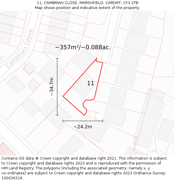 11, CAMBRIAN CLOSE, MARSHFIELD, CARDIFF, CF3 2TB: Plot and title map