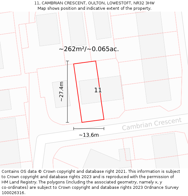 11, CAMBRIAN CRESCENT, OULTON, LOWESTOFT, NR32 3HW: Plot and title map