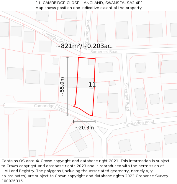 11, CAMBRIDGE CLOSE, LANGLAND, SWANSEA, SA3 4PF: Plot and title map