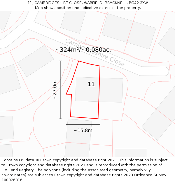 11, CAMBRIDGESHIRE CLOSE, WARFIELD, BRACKNELL, RG42 3XW: Plot and title map