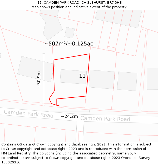 11, CAMDEN PARK ROAD, CHISLEHURST, BR7 5HE: Plot and title map