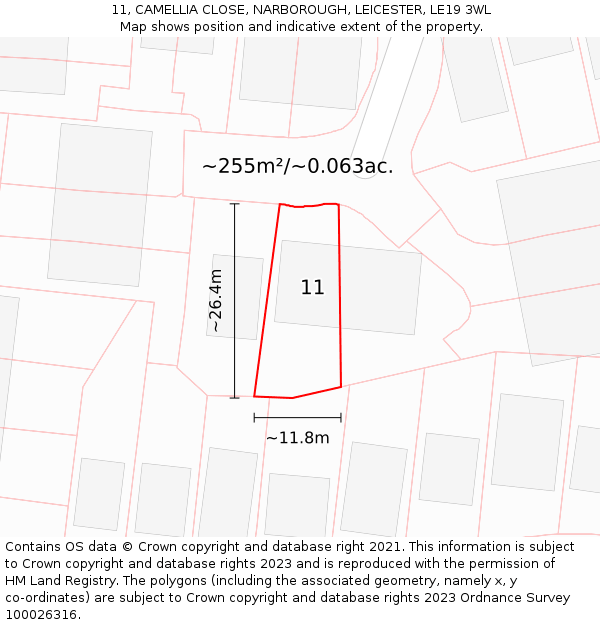 11, CAMELLIA CLOSE, NARBOROUGH, LEICESTER, LE19 3WL: Plot and title map