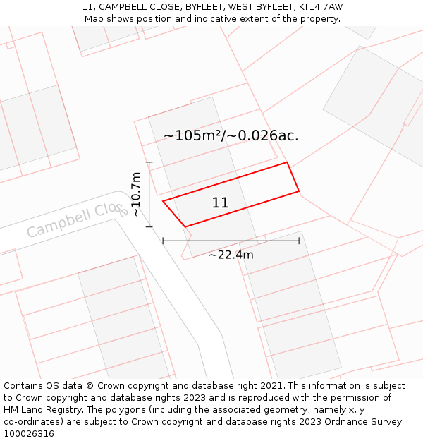 11, CAMPBELL CLOSE, BYFLEET, WEST BYFLEET, KT14 7AW: Plot and title map