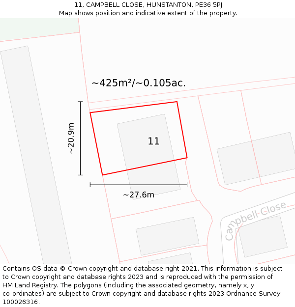 11, CAMPBELL CLOSE, HUNSTANTON, PE36 5PJ: Plot and title map
