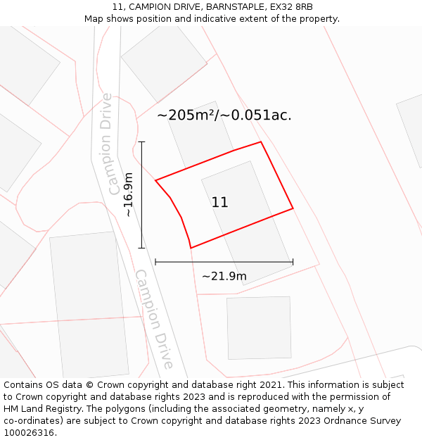 11, CAMPION DRIVE, BARNSTAPLE, EX32 8RB: Plot and title map