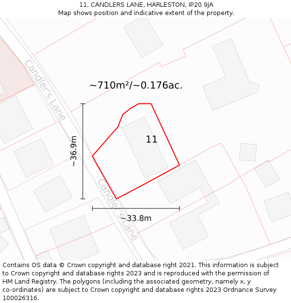 11, CANDLERS LANE, HARLESTON, IP20 9JA: Plot and title map