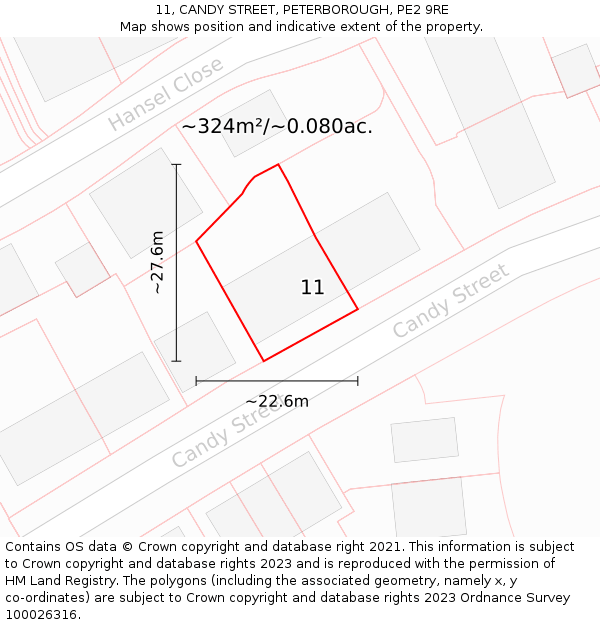 11, CANDY STREET, PETERBOROUGH, PE2 9RE: Plot and title map
