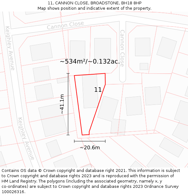11, CANNON CLOSE, BROADSTONE, BH18 8HP: Plot and title map