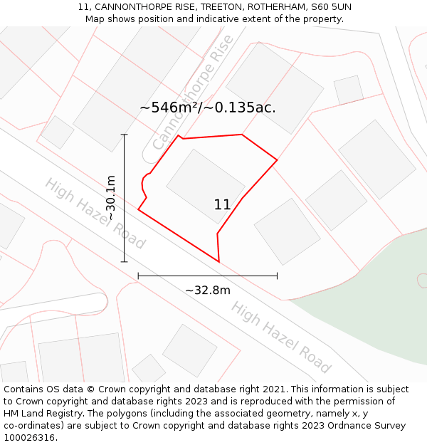 11, CANNONTHORPE RISE, TREETON, ROTHERHAM, S60 5UN: Plot and title map