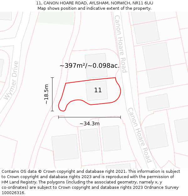 11, CANON HOARE ROAD, AYLSHAM, NORWICH, NR11 6UU: Plot and title map