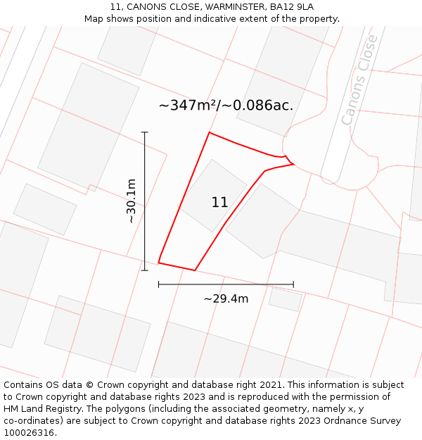 11, CANONS CLOSE, WARMINSTER, BA12 9LA: Plot and title map