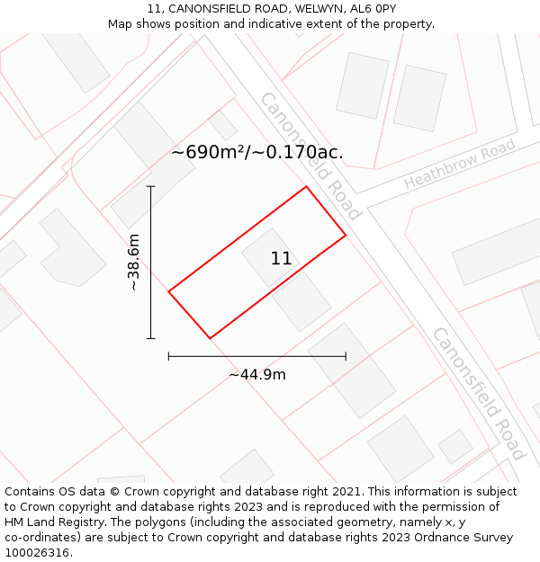 11, CANONSFIELD ROAD, WELWYN, AL6 0PY: Plot and title map