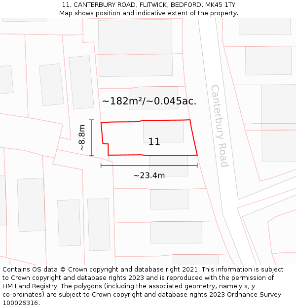 11, CANTERBURY ROAD, FLITWICK, BEDFORD, MK45 1TY: Plot and title map