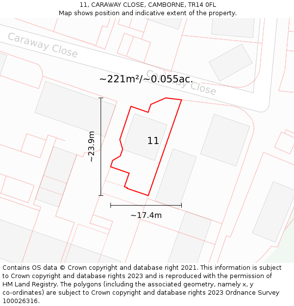 11, CARAWAY CLOSE, CAMBORNE, TR14 0FL: Plot and title map