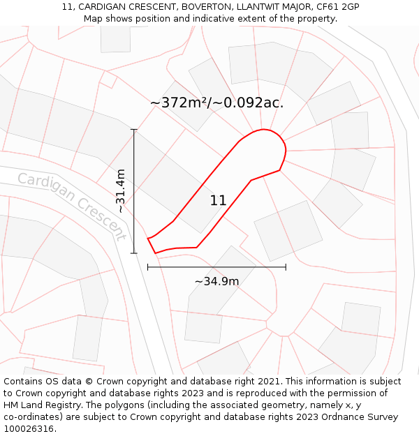 11, CARDIGAN CRESCENT, BOVERTON, LLANTWIT MAJOR, CF61 2GP: Plot and title map