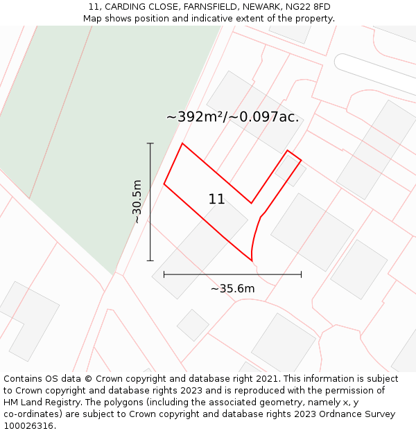 11, CARDING CLOSE, FARNSFIELD, NEWARK, NG22 8FD: Plot and title map