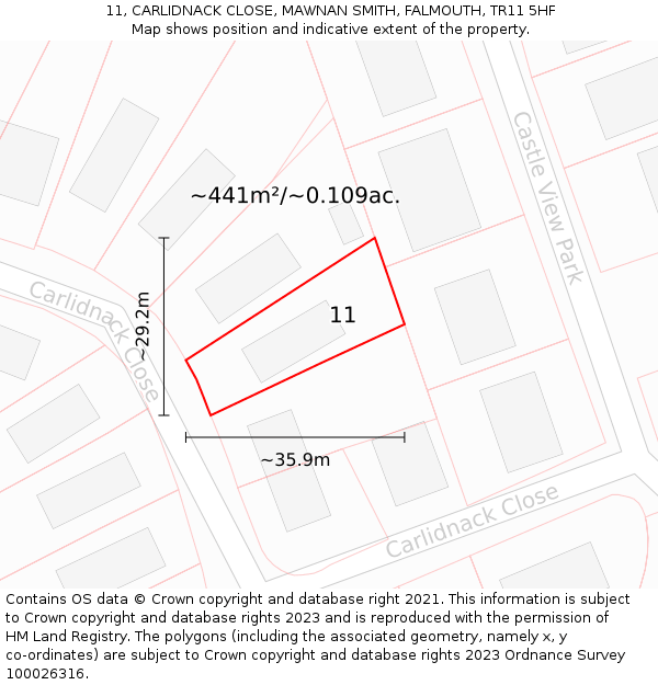 11, CARLIDNACK CLOSE, MAWNAN SMITH, FALMOUTH, TR11 5HF: Plot and title map