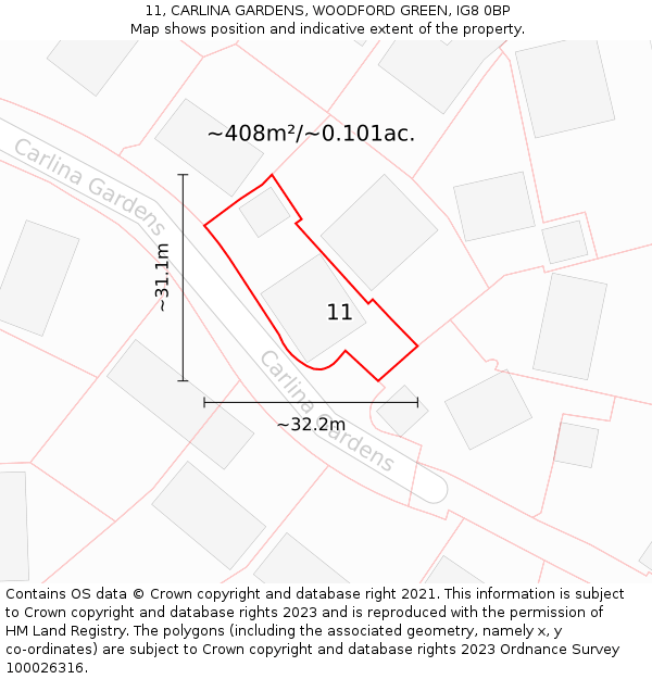 11, CARLINA GARDENS, WOODFORD GREEN, IG8 0BP: Plot and title map