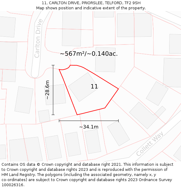 11, CARLTON DRIVE, PRIORSLEE, TELFORD, TF2 9SH: Plot and title map