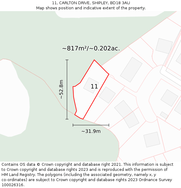 11, CARLTON DRIVE, SHIPLEY, BD18 3AU: Plot and title map