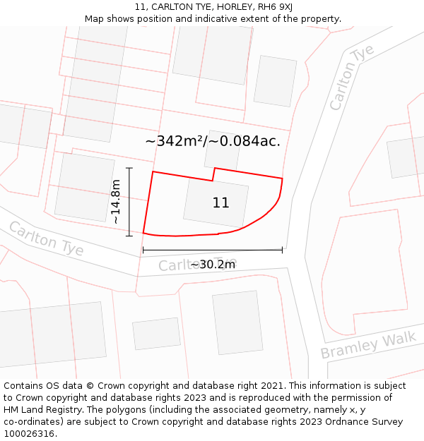 11, CARLTON TYE, HORLEY, RH6 9XJ: Plot and title map