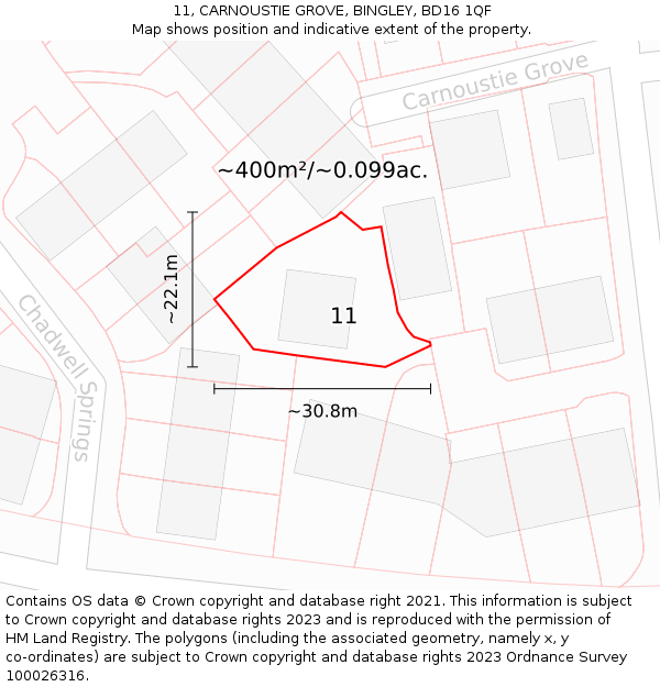 11, CARNOUSTIE GROVE, BINGLEY, BD16 1QF: Plot and title map