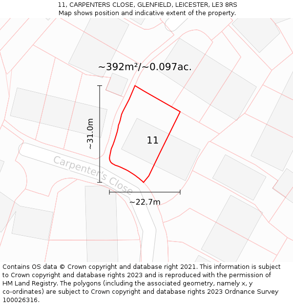 11, CARPENTERS CLOSE, GLENFIELD, LEICESTER, LE3 8RS: Plot and title map