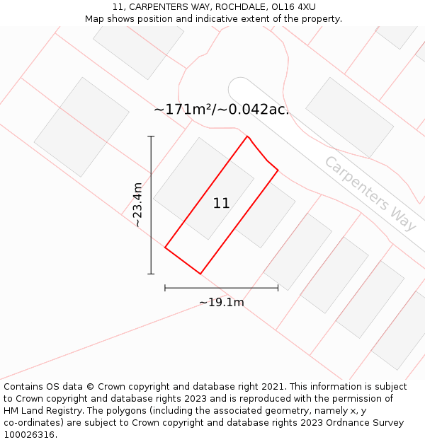 11, CARPENTERS WAY, ROCHDALE, OL16 4XU: Plot and title map