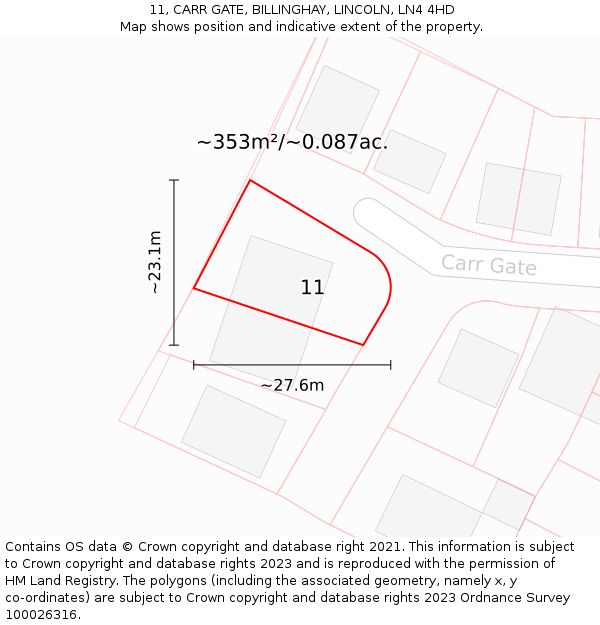 11, CARR GATE, BILLINGHAY, LINCOLN, LN4 4HD: Plot and title map
