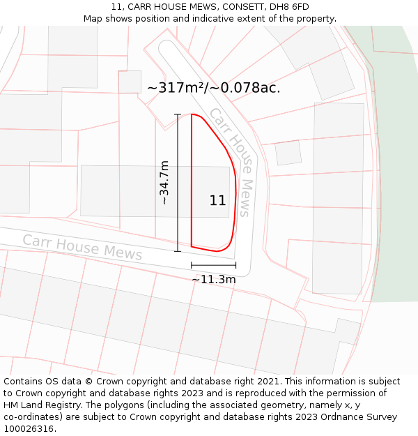 11, CARR HOUSE MEWS, CONSETT, DH8 6FD: Plot and title map