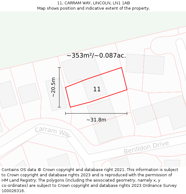 11, CARRAM WAY, LINCOLN, LN1 1AB: Plot and title map