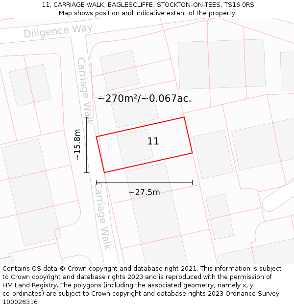 11, CARRIAGE WALK, EAGLESCLIFFE, STOCKTON-ON-TEES, TS16 0RS: Plot and title map