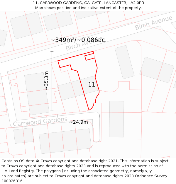 11, CARRWOOD GARDENS, GALGATE, LANCASTER, LA2 0PB: Plot and title map